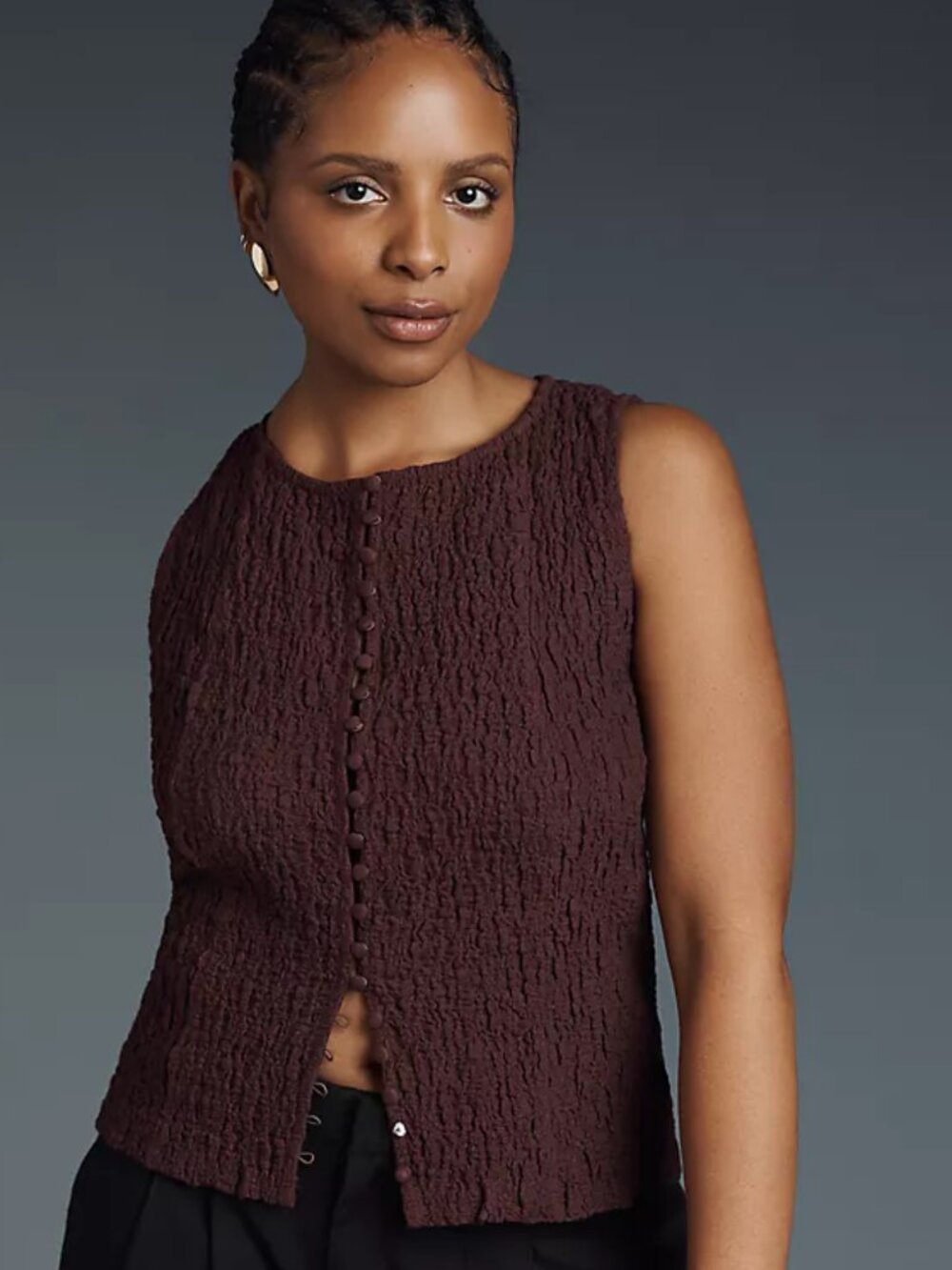Anthropologie Puckered Peplum Button Front Top Brown Size S